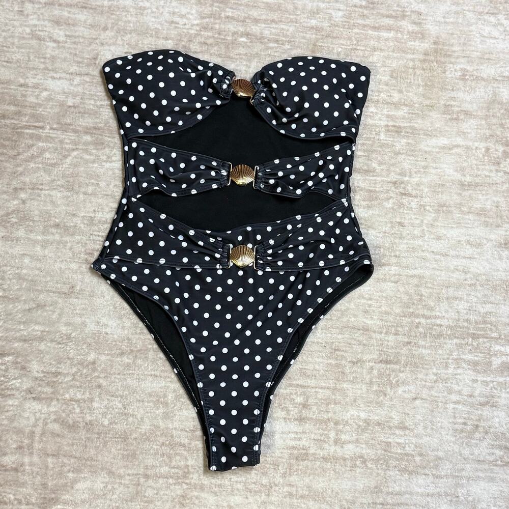 Women’s Medium Black White Polka Dot Cut out One Piece Swimsuit Strapless Shells